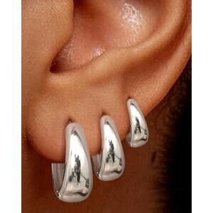 3 Pairs Chunky Huggie Hoop Earrings 14K White Gold Plated Hypoallergenic